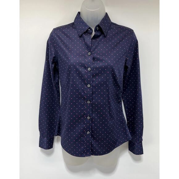 Banana Republic Non Iron Shirt Top Women’s Size 0 Button Up LS Blue W/ Pink Dots - Picture 1 of 6